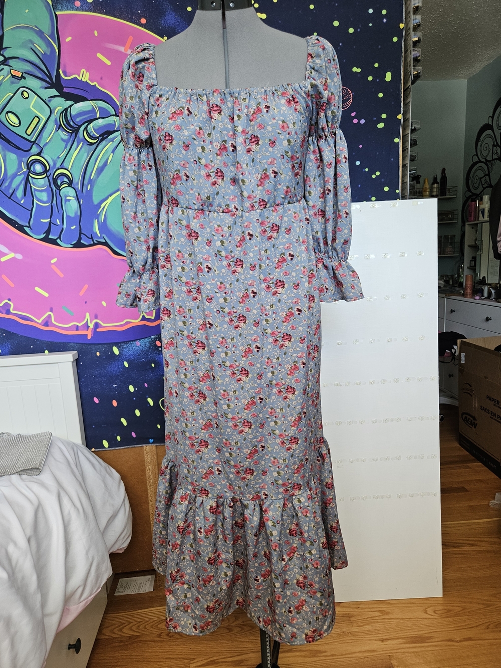 Floral Square-Neck Midi Dress in Grayish Blue